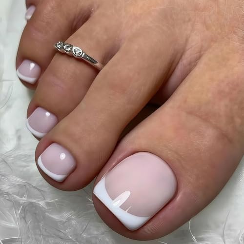 24 Stück Französisch Fußnägel Zum Aufkleben - Quadratische Kurz Fussnägel Zum Kleben - Weiß Zehennägel Tips mit Kleber - Full Cover Press on Toenails für Frauen Mädchen Nagel Dekoration von Virellay