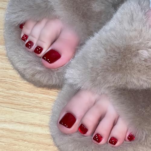 24 Stück Fußnägel Zum Aufkleben Rot mit Cateye Effect - Quadratische Kurz Fussnägel Zum Kleben - Full Cover Zehennägel Tips - Cat Eye Press on Toenails Wine Red für Frauen Mädchen Nagel Dekoration von Virellay