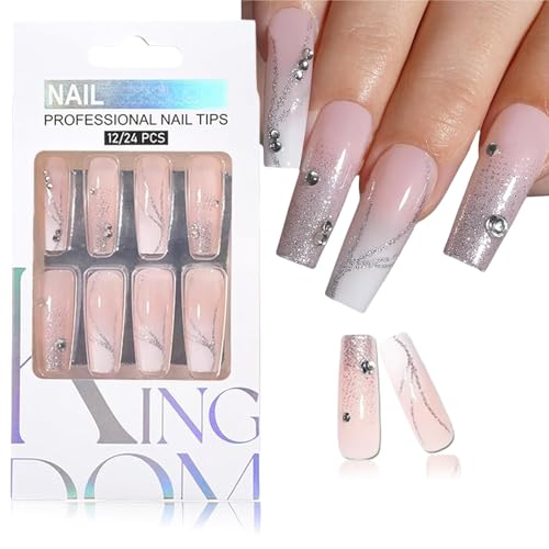 24 Stück Long Coffin Künstliche Nägel Zum Aufkleben, Rosa Weiß Gradient French Tip Press on Nails, Glizter Falsche Nägel mit 3D Diamant Nageldesign, Full Cover Quadratisch Fake Nails für Frauen von Virellay