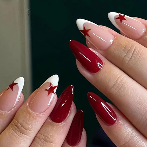 24 Stück Mittel Press on Nails Almond - Rot Finger Nägel - French Nails Press on mit Sternmotiv - Full Cover Künstliche Fingernägel Zum Aufkleben - Falsche Nägel für Frauen & Mädchen (Red Star) von Virellay