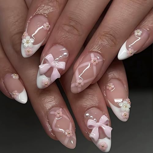 24 Stück Nägel Zum Aufkleben French - Falsche Nägel mit Blume Schleife Design - Elegant Mittel Press on Nails Mandel - Full Cover Künstliche Fingernägel Zum Aufkleben für Frauen Mädchen (Pink & White) von Virellay