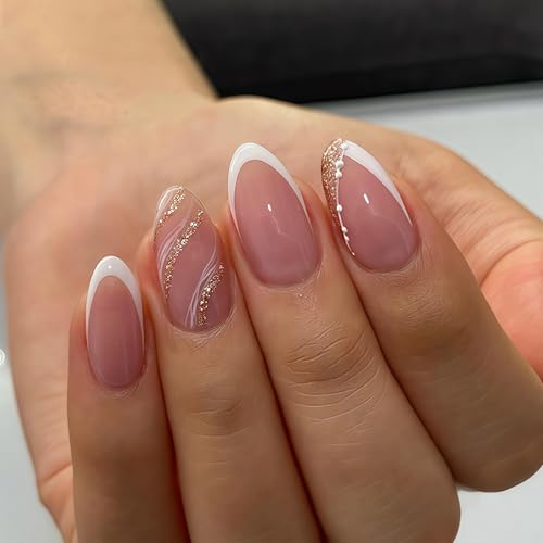 24 Stück Nägel Zum Aufkleben French - Falsche Nägel mit Gold Glitzer Design - Full Cover Mittel Press on Nails Mandel - Atmungsaktiv Künstliche Fingernägel für Frauen Mädchen (White & Gold Glitter) von Virellay