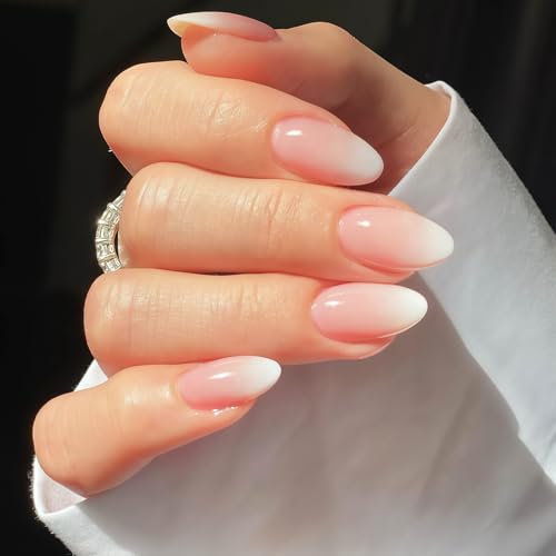 24 Stück Press on Nails Almond - Rosa Farbverlauf Künstliche Nägel Mittel - Full Cover Falsche Nägel - Nude Gradient White Fingernägel Zum Aufkleben Für Frauen & Mädchen (Pink White Ombre) von Virellay