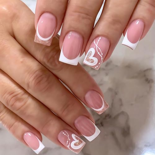 24 Stück French Press On Nails Short - Künstliche Fingernägel mit Gold Glitzer, weiß Linie, Herz - Quadratisch Künstliche Nägel Zum Aufkleben - Full Cover Fake Nägel für Frauen Mädchen von Virellay