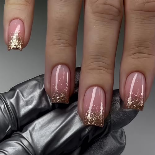 24 Stück Gold Glitter Press on Nails Kurz - Rosa White Gradient Künstliche Fingernägel Kurz Quadratisch - Full Cover Fake Nägel - Künstliche Nägel Zum Aufkleben Für Frauen ＆ Mädchen von Virellay