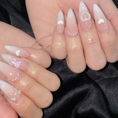 24 Stück Press on Nails Mandel French Weiß Ombre Pearl Charm Design, Nägel Zum Aufkleben Almond Tips, Full Cover Fake Nails French, Langes Künstliche Fingernägel für Frauen Nail Art DIY von Virellay