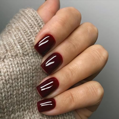 24 Stück Press on Nails Rot - Weinrot Einfarbig Falsche Nägel - Quadratische Künstliche Fingernägel Kurz - Full Cover Glänzend Acryl Kunstnägel Zum Aufkleben Für Frauen & Mädchen (Dark Red) von Virellay