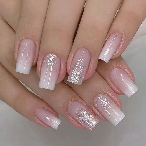 24 Stück Rosa Ombre Glitter Falsche Nägel Zum Aufkleben - Koffin Nagelspitzen Quadratische Künstliche Nägel - Glossy Full Cover Fake Nails für Frauen Maniküre DIY von Virellay