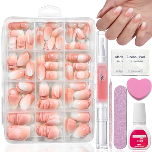 240 Stück Nägel Zum Aufkleben Set - Nackt Weiß Gradient Künstliche Fingernägel Zum Aufkleben - Glänzend Press on Nails Mandel - Vollständige Abdeckung Nagel Tips Set für Frauen Mädchen (Oval) von Virellay