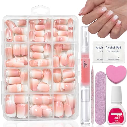 240 Stück Nägel Zum Aufkleben Set - Nude Rosa Gradient Künstliche Fingernägel Zum Aufkleben - Quadratisch Press on Nails Kurz - Vollständige Abdeckung Nagel Tips Set für Frauen Mädchen (Square) von Virellay