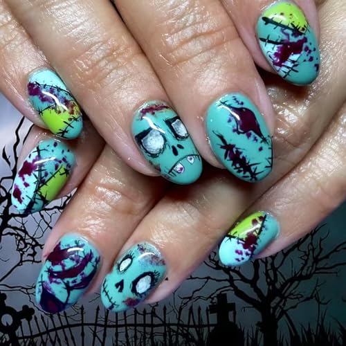 24PCS Halloween Press On Nägel - Blaugrün Almond Kurz Kunstnägel, mit Blut, Skelett, Gruselig Nagelspitzen, Full Cover Fake Nails, mit Kleber - geeignet für nageldesign tips Frauen & Mädchen von Virellay