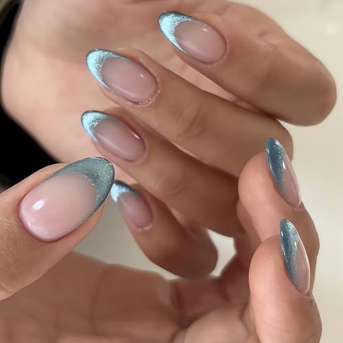 24Pcs Falsche Nägel - Blau Grün Cat Eye Press on Nails Almond - Mittel Nägel Zum Aufkleben French - Full Cover Glossy Fingernägel Zum Aufkleben Für Frauen Mädchen (Blue Green Cateye French) von Virellay