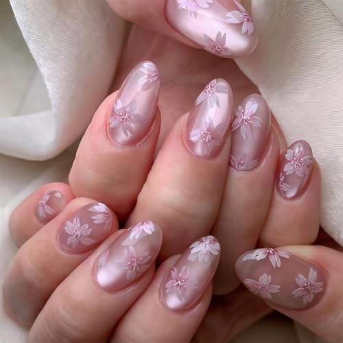 24Pcs Falsche Nägel - Rosa Cat Eye Press on Nails Almond - Kunstnägel Kurz Mit Blumendesign - Full Cover Glossy Fingernägel Zum Aufkleben Für Frauen Mädchen (Pink Cateye) von Virellay