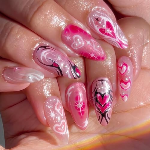 24Pcs Falsche Nägel - Rosa Weiß, Schwarz Press on Nails Almond - Mittel Kunstnägel Mit Herz Perle Muster - Full Cover Glossy Fingernägel Zum Aufkleben Für Frauen Mädchen (Pink White Black Heart) von Virellay
