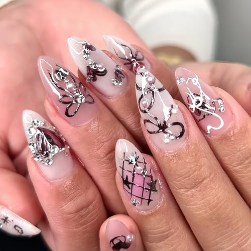 24Pcs Falsche Nägel - Rosa & Weiß Press on Nail tips Almond - Mittel Kunstnägel Mit Schleife Perle Stern Herz-Muster - Full Cover Glossy Fingernägel Zum Aufkleben Für Frauen Mädchen (Pink White Bow) von Virellay