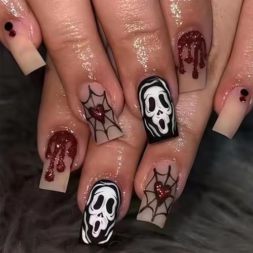 24Pcs Nails Zum Aufkleben Quadratische - Schwarz Rot Halloween Nägel - Mittel Künstliche Fingernägel mit Totenkopf Spinnennetz Design - Full Cover Press on Nails für Frauen Nails Art (Black Skull) von Virellay
