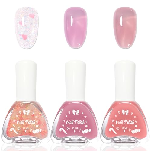 3 Pcs Nagellack Rosa Translucent Set - Natürlicher Glanz Jelly Nail Polish und Herz Glitzer Nagelack Klar - Elegant Langanhaltender Nagellack Schnelltrocknend Ohne UV Lampe für Frauen Mädchen von Virellay