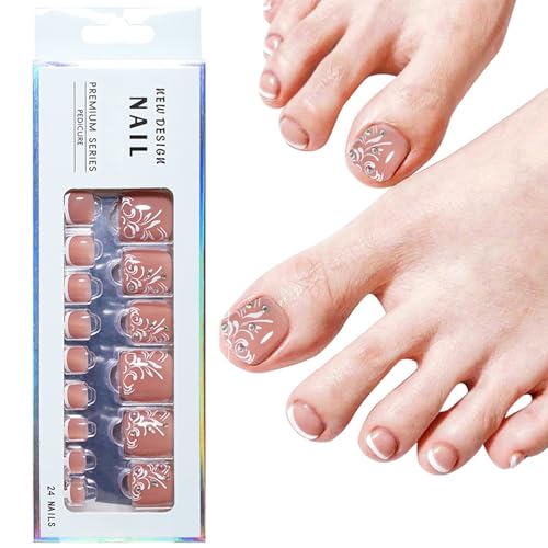 30 Stück French Tip Press on Nägel Kurze - Quadrat Fußnägel zum Aufkleben mit Diamant -15 Größen Falsche Zehennägel - Full Cover Fußnägel Tips für Frauen und Mädchen von Virellay