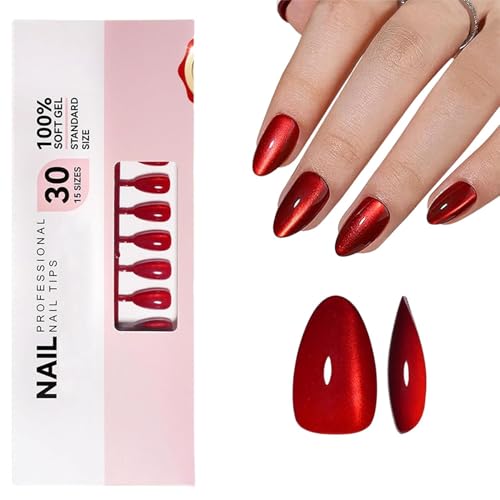 32 Stück Cat Eye Press On Nägel Set Aufdrücknägel Almond - Glitter Rot Falsche Nägel Medium - Vollabdeckung Sparkly Fake Nails With Glue - Natürliche Effect Aufklebenägel für Frauen von Virellay