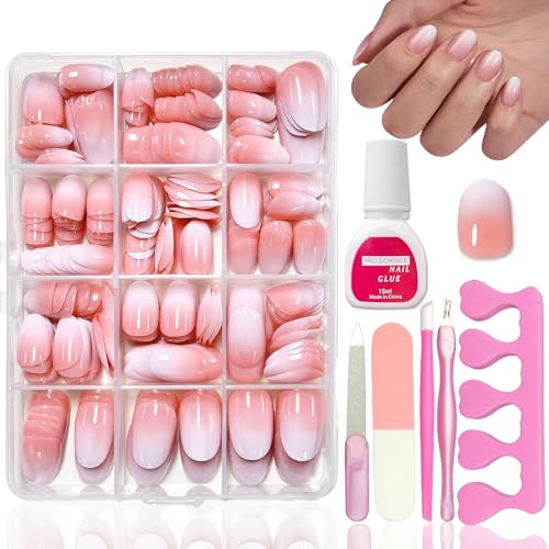 360 Stück Press on Nails Almond Kit - Nude Rosa Farbverlauf Weiß Künstliche Nägel Kurz Oval - Full Cover Falsche Nägel - Hochglänzende Kunstnägel Zum Aufkleben für Frauen & Mädchen (Short Mandel) von Virellay