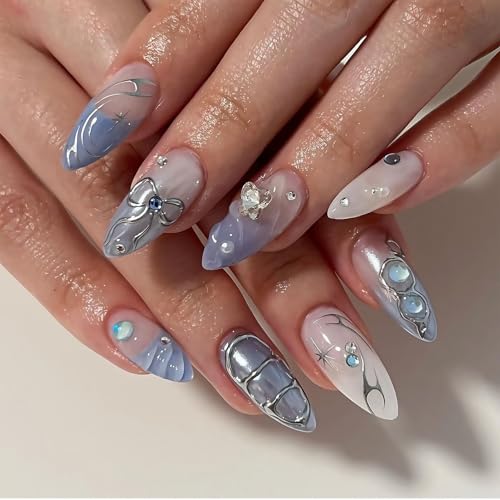 3D Handgemachte Künstliche Fingernägel - 24 Pcs Medium Press on Nails Almond - Blau Falsche Nägel mit Schleife Sterne Charm Gems - Full Cover Kunstnägel Zum Aufkleben für Frauen Mädchen von Virellay