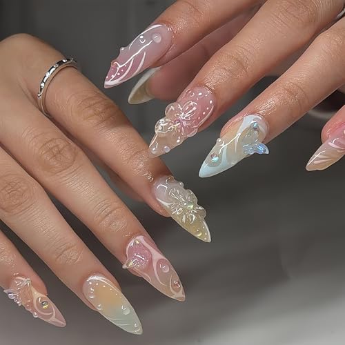3D Handgemachte Künstliche Fingernägel - 24 Pcs Medium Press on Nails Almond - Colorful Farbverlauf Falsche Nägel mit Schmetterling Blume - Niedliche Kunstnägel Zum Aufkleben für Frauen Mädchen von Virellay