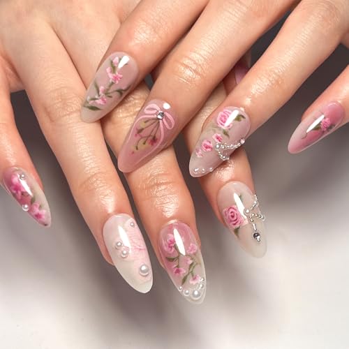 3D Handgemachte Künstliche Fingernägel - 24 Pcs Medium Press on Nails Almond - Falsche Nägel mit Rose Blume Bow Pearl Gems - Rosa Kunstnägel Zum Aufkleben für Frauen Mädchen von Virellay