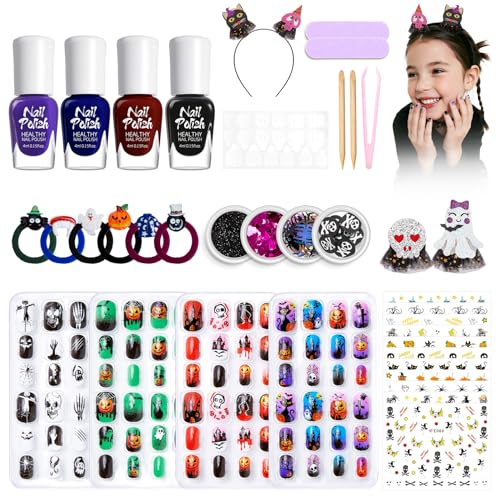 4 PCS Farben Halloween Nagellack Set Wasserbasis für Kinder Mit Sticker - Schnelltrocknend Nagelack für Kids ungiftig abziehbar, 4 Kinder Fake Nagel - Nail Set Geschenke für Nageldesign mädchen von Virellay