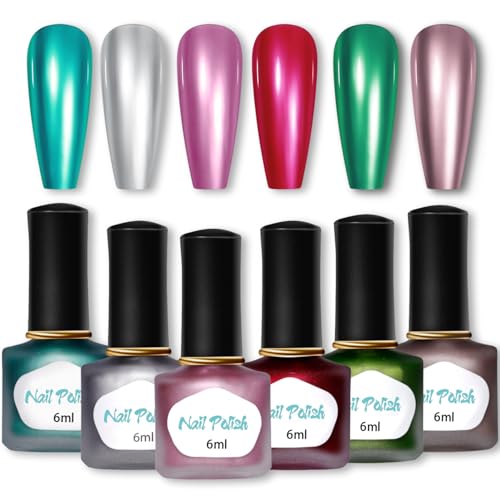 6 Farben Metallic Nagellack Set - Schnelltrocknender Nagellack Langanhaltend - Bunte Glänzende Chrome Nagelack Mit Spiegeleffekt - Kratzfest Nail Polish Set Keine UV-Lampe - Frosted Bottle Mit Box von Virellay