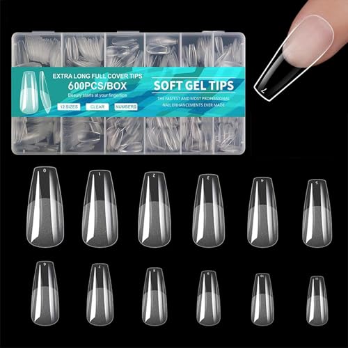600 Stück Falsche Nägel Tips - Full Cover Nail Tips Transparente - 12 Größen Künstliche Nagelspitzen - Vorpolierte Nageltips für Nagelverlängerung Home DIY, Fake Nails Soft Gel für Frauen von Virellay