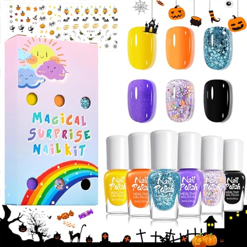 6Pcs Kindernagellack Set auf Wasserbasis - Glitzer Ungiftig Schnell Trocknend - Peel off Schwarz Orange Nagellack Kinder - Natürliches Sicheres Nagelset Perfekt Geschenke DIY Nail für Halloween von Virellay