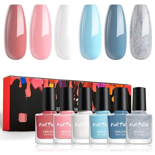 6Pcs Nagellack Set - Schnelltrocknend Normaler Nagellack - Natürlicher Rosa Blau Weiß Silber Glitzer ungiftiger Nail Polish auf Wasserbasis - Keine UV Lampe nötig DIY Geschenk für Frauen Mädchen von Virellay