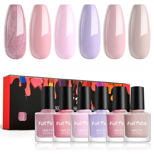 6Pcs Rosa Nagellack Set - Schnelltrocknend Normaler Nagellack mit Glitzer - Natürlicher ungiftiger Lila Nail Polish auf Wasserbasis für Frauen - Keine UV Lampe nötig DIY Geschenk für Frauen Mädchen von Virellay