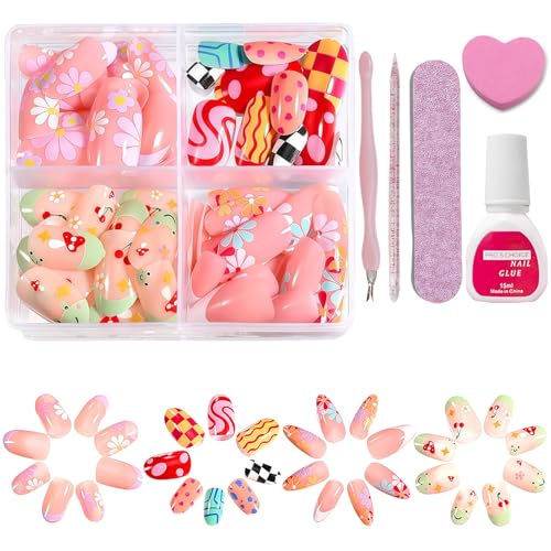 96 Pcs Künstliche Fingernägel - 4 Designs Nägel Zum Aufkleben French - Falsche Nägel Tips mit Blumen Frösche Marienkäfer Linie Design - Reichlich Kunstnägel Press on Nails Almond für Frauen (B) von Virellay