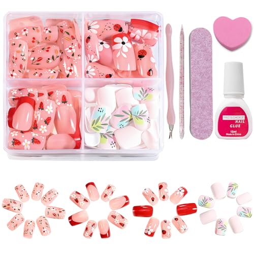 96 Pcs Künstliche Fingernägel - 4 Designs Quadratisch Nägel Zum Aufkleben French - Falsche Nägel Tips mit Blumen Ladybug Blätter Erdbeer Design - Niedlich Kunstnägel Press on Nails für Frauen (A) von Virellay