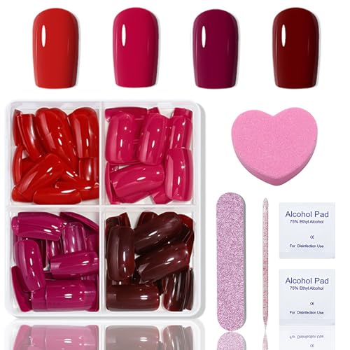 96PCS Rot Coffin Kunstnägel Zum Aufkleben - Full Cover Glänzendes Fake nails Soft Gel Press On Nails - Für Nageldesign angenehm zu tragen ür Frauen und Mädchen DIY zu Tägliches Datum von Virellay