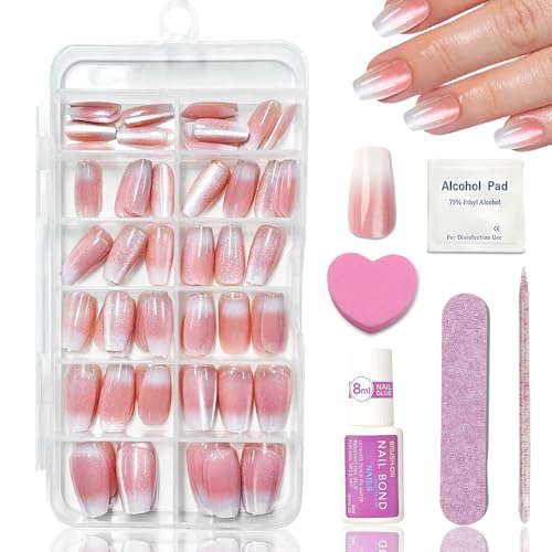 Cat Eye Glitzer Künstliche Fingernägel Set - 120 Stück Rosa Farbverlauf Weiß Nails Zum Aufkleben - Medium Coffin Klebenägel Fingernägel - Shiny Press on Nails Für Frauen Nail Art Maniküre von Virellay