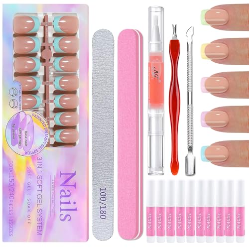 Falsche Nägel Set - 150 Stück Nägel Zum Aufkleben French - 5 Farben Farbig Künstliche Fingernägel Kurz - Full Cover Quadratische Französisch Press on Nails für Mädchen Frauen (Short Square) von Virellay