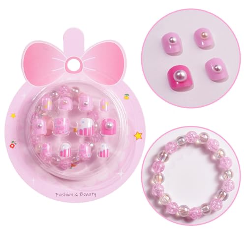 Falsche Nägel für Kinder mit Nagelkleber - 3D-Muster Kurze Press on Nails mit Armbänder- Pre Glue Full Cover Kindernägel Nagelspitzen - Künstliche Nail Tips Geschenk für Mädchen Geschenk (Rosa) von Virellay