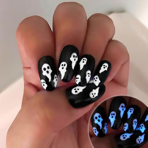 Schwarzer Geist Künstliche Fingernägel - 24 Stück Halloween Press on Nails - Glow in the Dark Halloween Nägel Zum Aufkleben - Medium Oval Fake Nägel Für Frauen - Full Cover Kunstnägel (Black Ghost) von Virellay