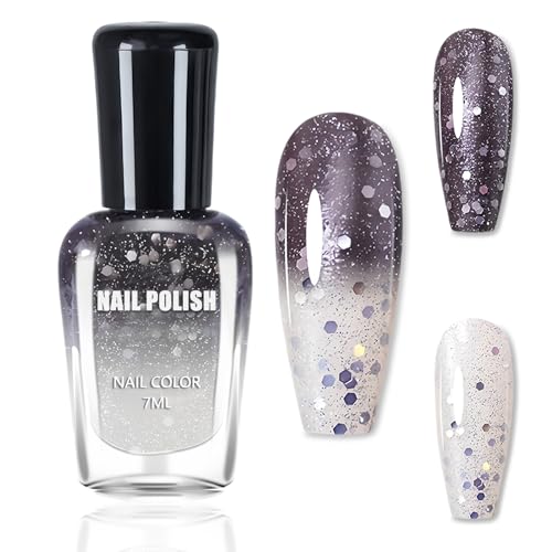 Thermo Nagellack Farbwechsel, Black & Clear Nagelack Glitzer, Schnelltrocknender Nagellack, Temperaturgesteuerter Nail Polish Mit Color Changing Effekt Geschenk Für Frauen Mädchen, 7 Ml von Virellay