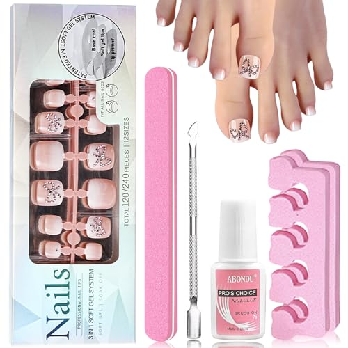 120 Stück Falsche Fußnägel Kit - Ombre Nackt Künstliche Zehennägel zum Aufkleben mit Acryl Diamond - Natürliche Full Cover Fußnägel zum Aufkleben für Damen Frauen Nagelkunst DIY (Nackt Gradient) von Virellay