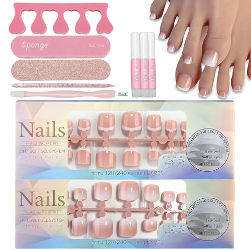240 Stück Künstliche Fußnägel Set - Nude White Ombre Fussnägel Zum Kleben - Französisch Fußnägel Tips - Full Cover Quadratische Press on Nails Füße Kurz mit Werkzeuge Für Frauen Fußmaniküre-Kit von Virellay