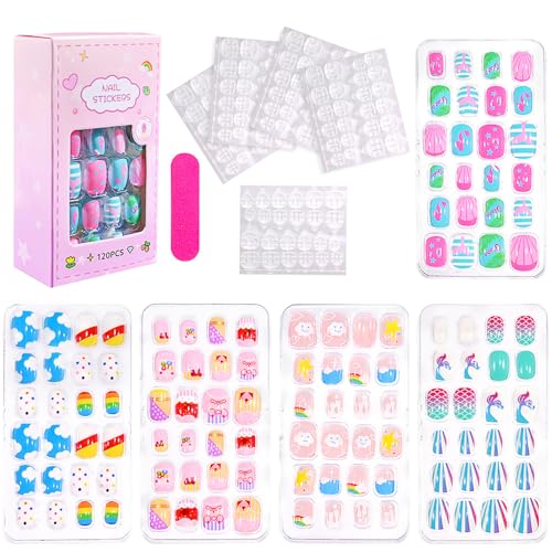 Virellay 120 Stücke Kinder Nägel - Fingernägel zum Aufkleben für Mädchen mit Jelly Kleber - 5 Verschiedene Designs Kunstnägel Kinder, Schönes Geschenk für Mädchen (TD153-2, 120 pcs) von Virellay
