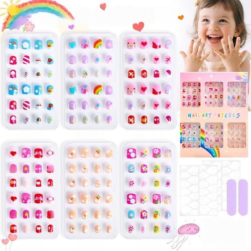 Virellay 144 Stück Kurze Kindernägel - 6 Verschiedene Designs Kinder Kunstnägel - Fingernägel zum Aufkleben für Mädchen (Bunt A, 144 Pcs) von Virellay