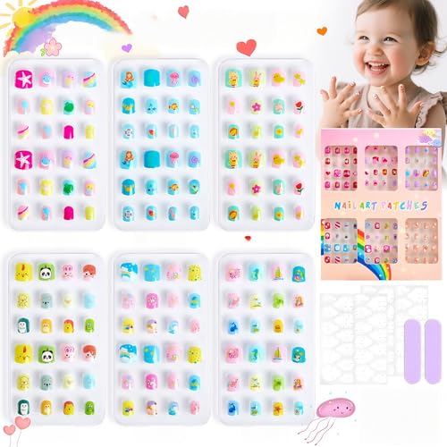 Virellay 144 Stück Kurze Kindernägel - 6 Verschiedene Designs Kinder Kunstnägel - Fingernägel zum Aufkleben für Mädchen (Bunt B, 144 Pcs) von Virellay