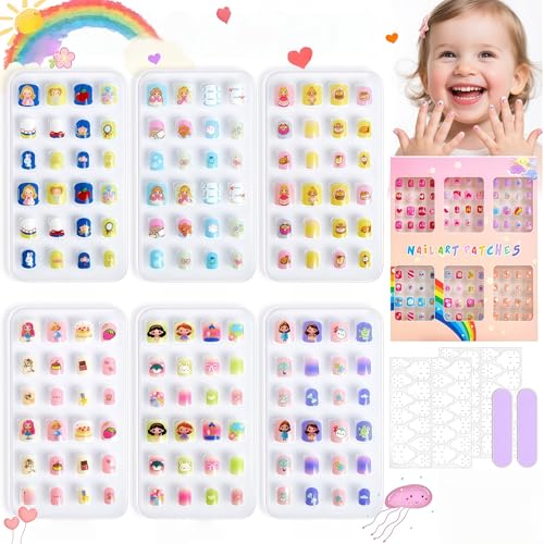 Virellay 144 Stück Kurze Kindernägel - 6 Verschiedene Designs Kinder Kunstnägel - Fingernägel zum Aufkleben für Mädchen (Bunt C, 144 Pcs) von Virellay