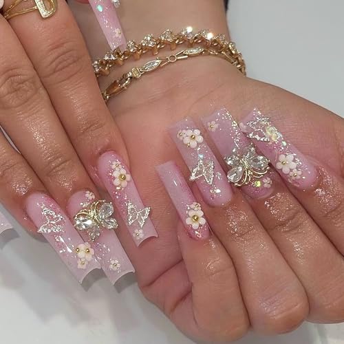 Virellay 24 Stück 3D Schmetterlingsblumen Kunstnägel Nägel - Lang ballettförmige French Fake Nails Mit Strasssteinen verziert Glitzer Kunstnägel - Für DIY Nageldesign für Frauen (Pink Flower) von Virellay