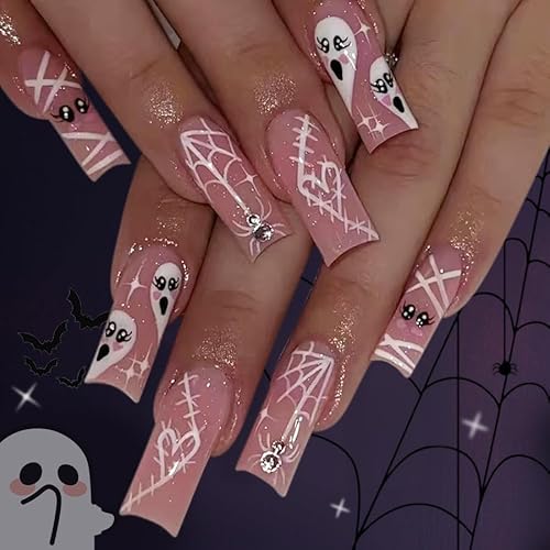 Virellay 24 Stück 3D Schmetterlingsblumen Kunstnägel Nägel - Lang ballettförmige French Fake Nails Mit Strasssteinen verziert Glitzer Kunstnägel - Für DIY Nageldesign für Frauen (Pink Ghost) von Virellay