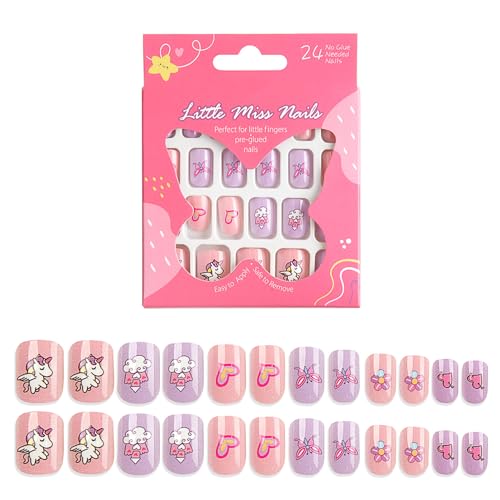 Virellay 24 Stück Kinder Nägel, Fingernägel Zum Aufkleben Rückseite für Mädchen, Rosa Lila Kunstnägel Kinder, Nagelset Schönes Geschenk für Mädchen zu Hause (CM 70 Lila, 24 pcs) von Virellay